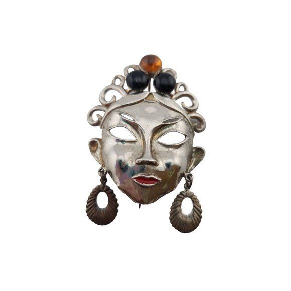 Vintage Silvertone Glass Cab Mask Lady Brooch (A3342) - Picture 1 of 5